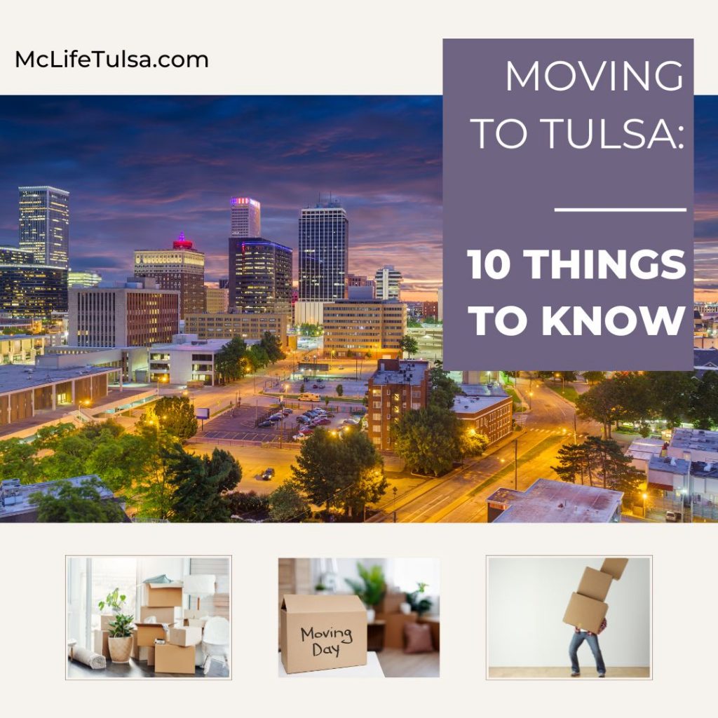 collage of nighttime city view of Tulsa and 3 pics of moving boxes in various states