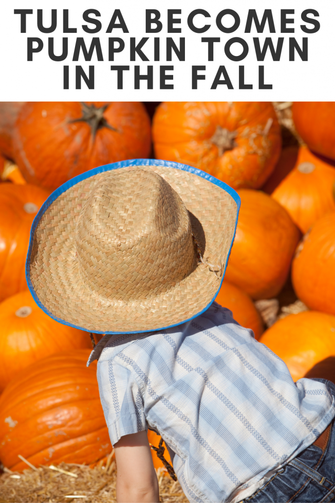 Child in cowboy hat looking at piles of pumpkins at a patch
