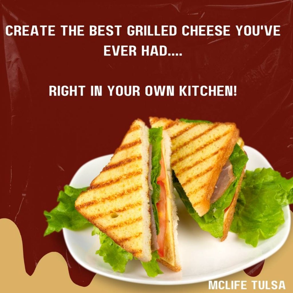 Image of grilled cheese sandwich sitting on a while plate. The sandwich has lettuce, tomato, and cheese.