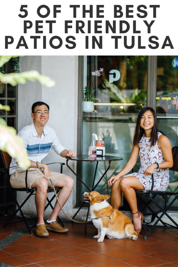 A couple sits outdoor at a restaurant patio with their corgi dog on a leash.  They are both smiling and the dog is looking up at the man who is wearing glasses.  