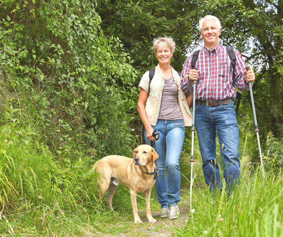 A man and a woman are hiking on an overgrown trail with their dog.