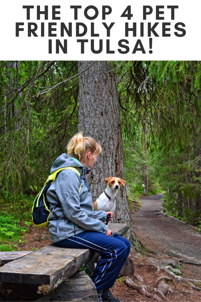 Woman wearing grey jacket and blue athletic pants is sitting on a bench with her small brown and white dog.  They are located in front of the a big tree next to a paved hiking path.  